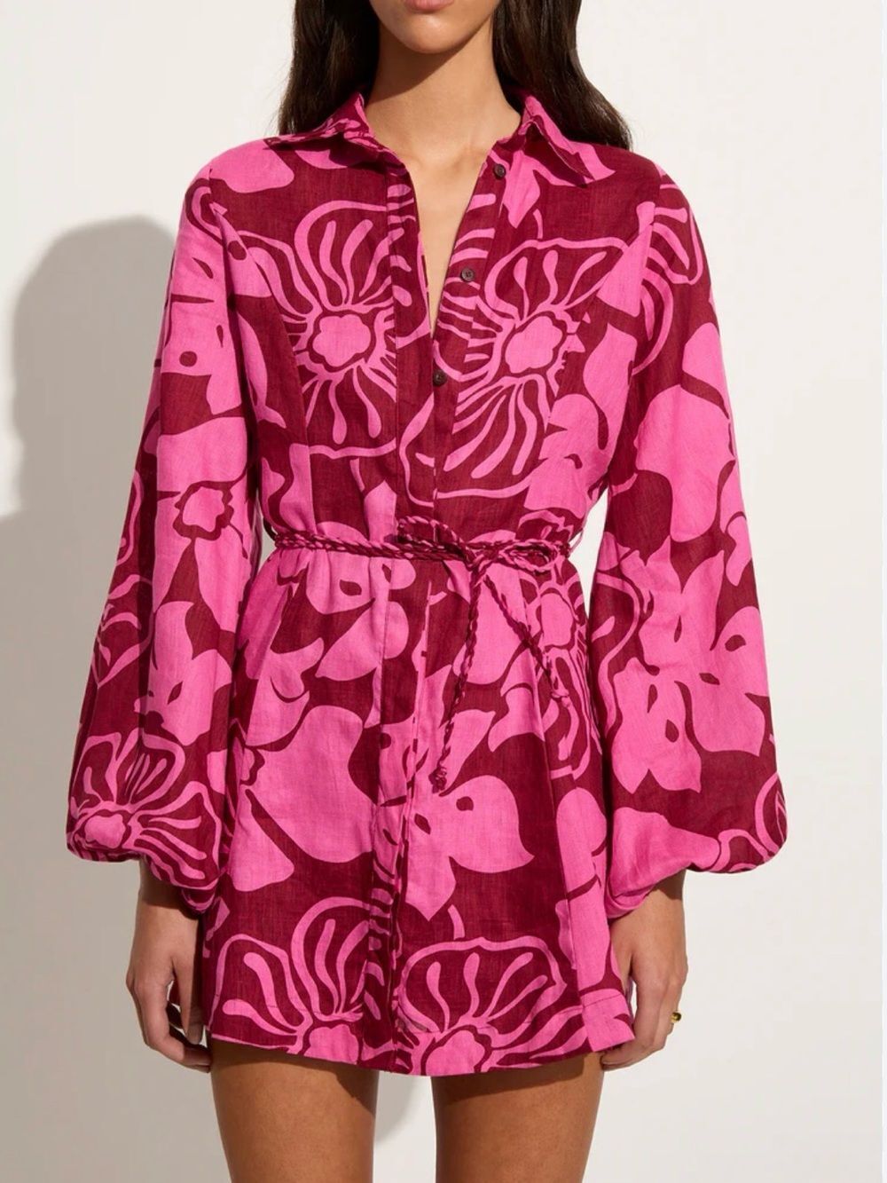 🌺 Faithfull the Brand Pink & Burgundy Linen Floral Shirt Dress 🌺 NWOT